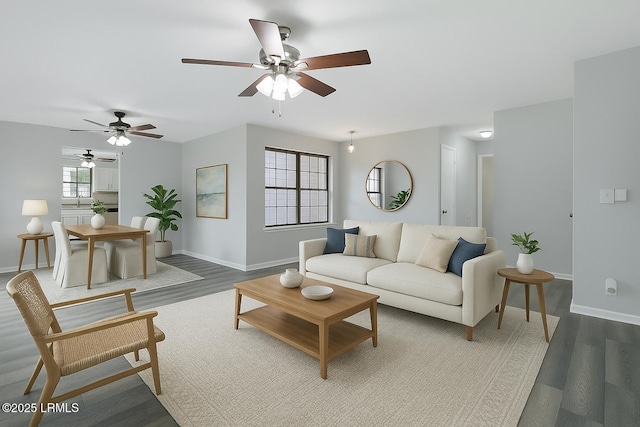 947 Oyster Cove Rd, Beaufort, SC 29902 - living room featuring baseboards, wood finished floors, and ceiling fan