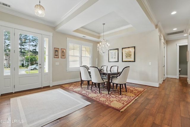 27 Normandy Ave, Bluffton, SC 29910 - dining space with a chandelier, ornamental molding, baseboards, dark wood-type flooring, and recessed lighting