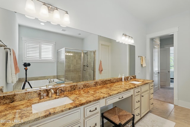 27 Normandy Ave, Bluffton, SC 29910 - bathroom featuring a stall shower, double vanity, tile patterned floors, and a bath