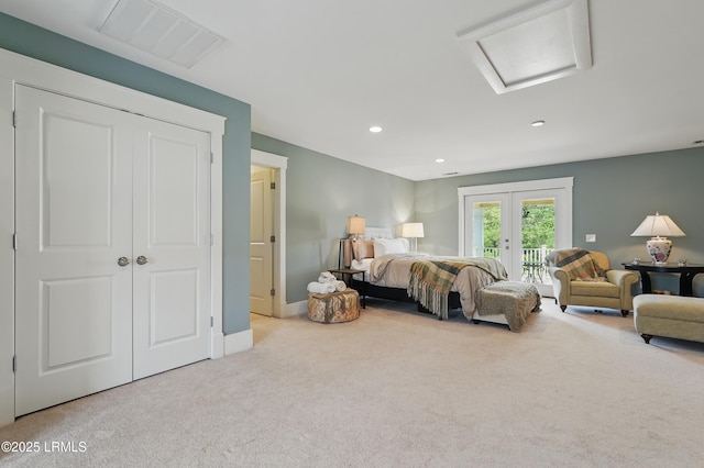 27 Normandy Ave, Bluffton, SC 29910 - bedroom with attic access, access to outside, carpet floors, french doors, and recessed lighting
