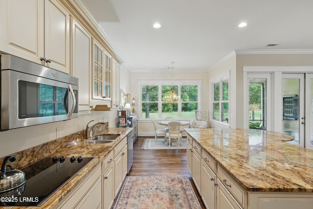 27 Normandy Ave, Bluffton, SC 29910 - kitchen with appliances with stainless steel finishes, a sink, cream cabinetry, dark wood-style floors, and crown molding