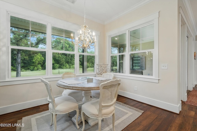 27 Normandy Ave, Bluffton, SC 29910 - dining room with baseboards, a chandelier, dark wood finished floors, and ornamental molding