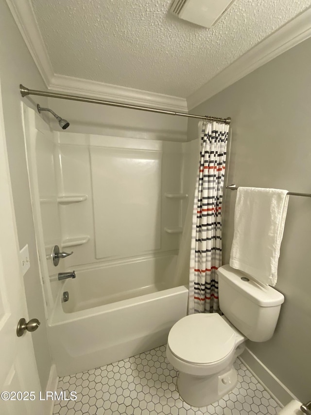 171 Beach Club Villa Dr Unit 171, Fripp Island, SC 29920 - bathroom with a textured ceiling, shower / tub combo, and ornamental molding