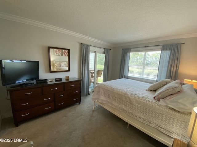 171 Beach Club Villa Dr Unit 171, Fripp Island, SC 29920 - bedroom featuring crown molding, light carpet, access to exterior, and a textured ceiling