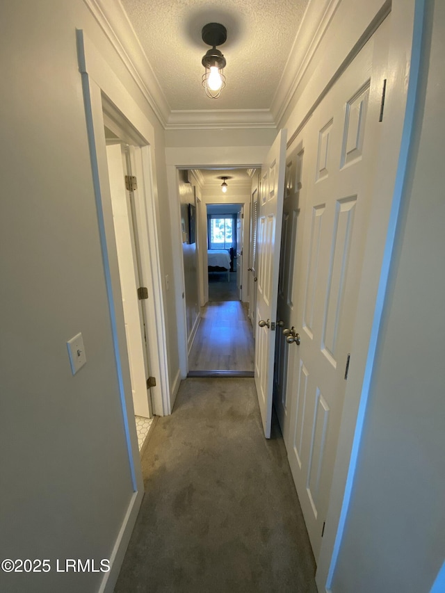 171 Beach Club Villa Dr Unit 171, Fripp Island, SC 29920 - corridor featuring a textured ceiling, carpet flooring, and ornamental molding