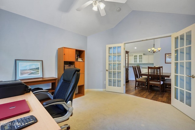1980 Abbey Glen Way Unit 1980, Hardeeville, SC 29927 - office space with ceiling fan with notable chandelier, french doors, high vaulted ceiling, carpet flooring, and baseboards