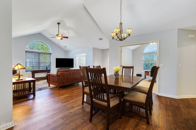 1980 Abbey Glen Way Unit 1980, Hardeeville, SC 29927 - dining room featuring lofted ceiling, baseboards, dark wood finished floors, visible vents, and ceiling fan with notable chandelier