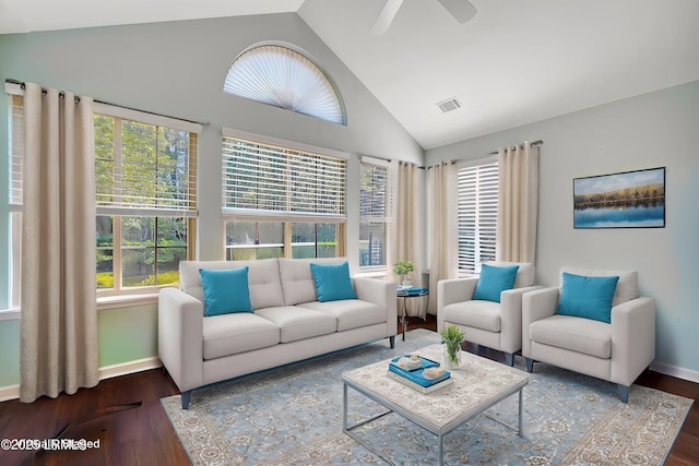 1980 Abbey Glen Way Unit 1980, Hardeeville, SC 29927 - living area with wood finished floors, high vaulted ceiling, visible vents, a ceiling fan, and baseboards
