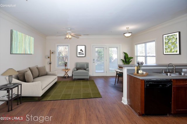 living room featuring dark hardwood / wood-style flooring, sink, ornamental molding, and ceiling fan