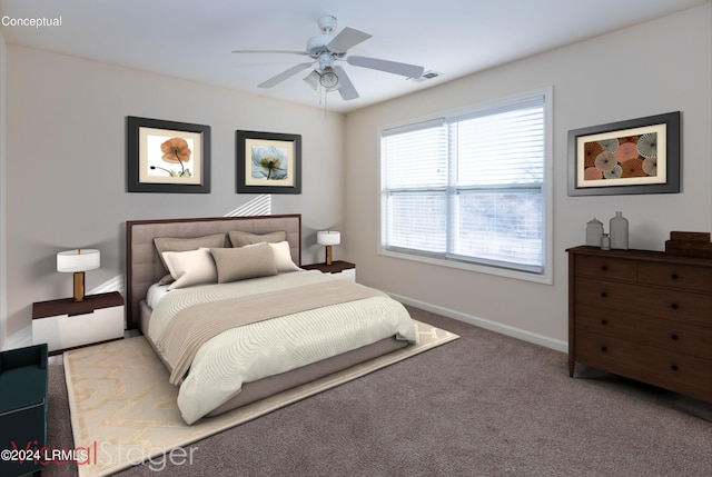 bedroom with light carpet and ceiling fan