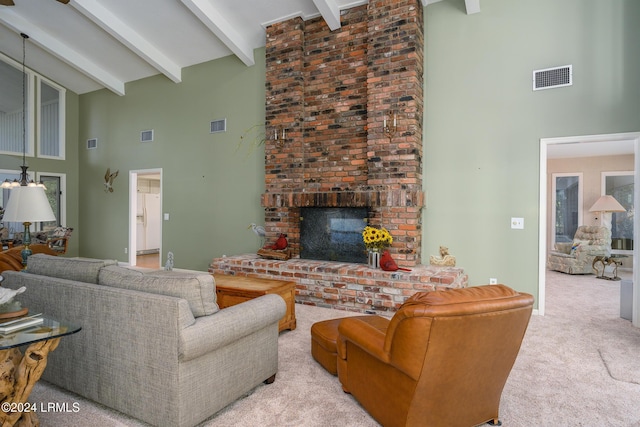 living room with beamed ceiling, a brick fireplace, light colored carpet, and high vaulted ceiling