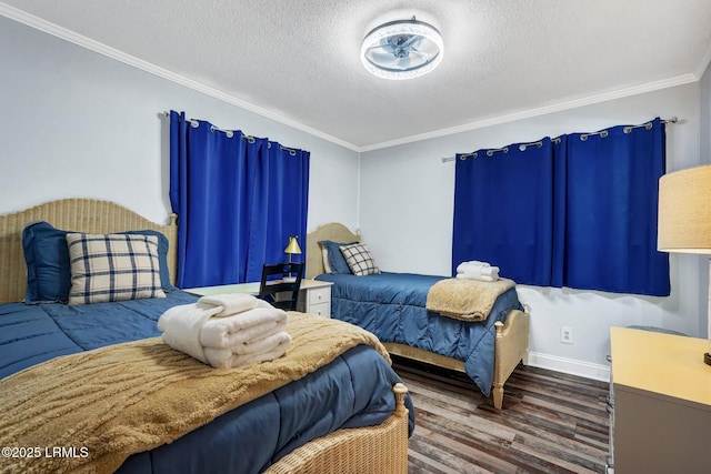 bedroom with ornamental molding, a textured ceiling, and dark wood-style flooring