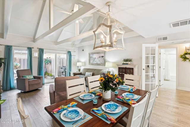 45 Queens Folly Rd Unit 794, Hilton Head Island, SC 29928 - dining room featuring a chandelier, light wood-style flooring, high vaulted ceiling, beam ceiling, and french doors