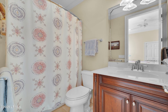 44 Richland Dr, Bluffton, SC 29910 - bathroom featuring ceiling fan, vanity, toilet, a shower with shower curtain, and tile patterned floors