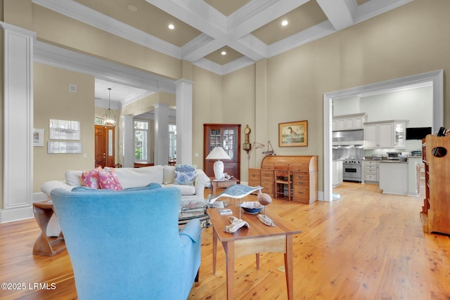 44 Richland Dr, Bluffton, SC 29910 - living room with a high ceiling, crown molding, light wood-style floors, beamed ceiling, and coffered ceiling