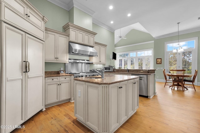 44 Richland Dr, Bluffton, SC 29910 - kitchen featuring dishwasher, ornamental molding, ceiling fan, under cabinet range hood, and paneled built in fridge