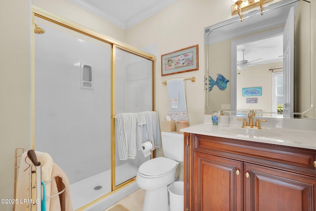 44 Richland Dr, Bluffton, SC 29910 - full bath with crown molding, a shower stall, vanity, a ceiling fan, and toilet