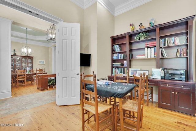 44 Richland Dr, Bluffton, SC 29910 - dining space featuring a chandelier, light wood finished floors, crown molding, and a raised ceiling