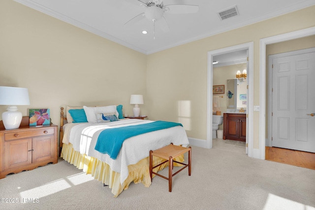 44 Richland Dr, Bluffton, SC 29910 - bedroom featuring baseboards, crown molding, connected bathroom, visible vents, and light colored carpet