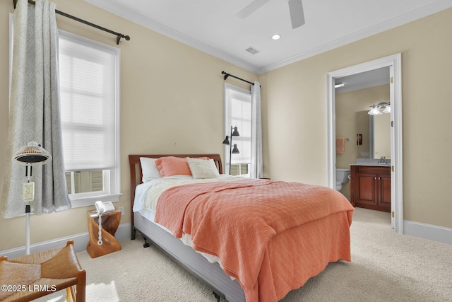 44 Richland Dr, Bluffton, SC 29910 - bedroom featuring visible vents, light colored carpet, crown molding, and connected bathroom