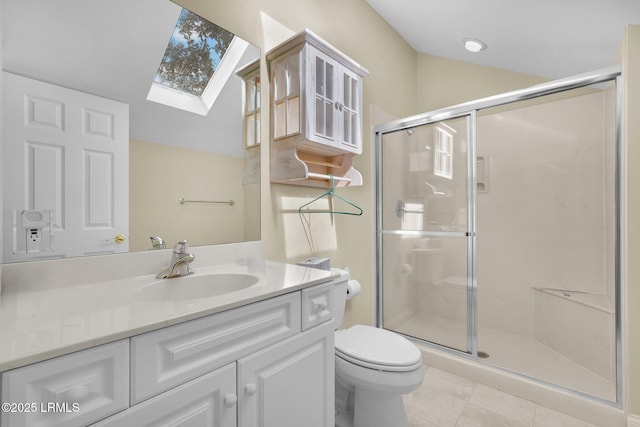 44 Richland Dr, Bluffton, SC 29910 - full bathroom featuring toilet, a shower stall, lofted ceiling with skylight, vanity, and tile patterned flooring