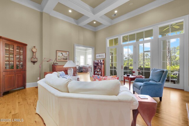 44 Richland Dr, Bluffton, SC 29910 - living area featuring recessed lighting, a high ceiling, beam ceiling, coffered ceiling, and light wood finished floors