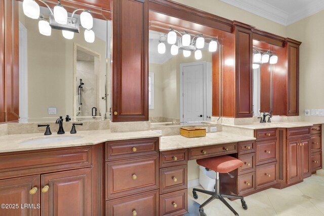 44 Richland Dr, Bluffton, SC 29910 - full bath with crown molding, double vanity, a sink, and a shower with door