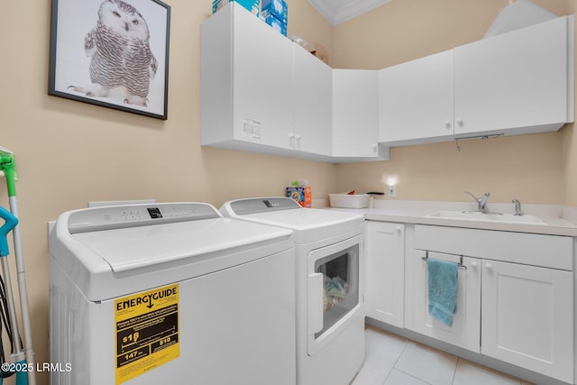 44 Richland Dr, Bluffton, SC 29910 - laundry area with separate washer and dryer, crown molding, light tile patterned flooring, cabinet space, and a sink