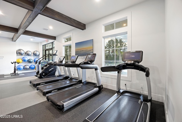 300 Persimmon Cir, Hardeeville, SC 29927 - workout area featuring beam ceiling, plenty of natural light, and recessed lighting