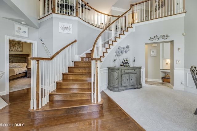 300 Persimmon Cir, Hardeeville, SC 29927 - staircase featuring a towering ceiling, wood finished floors, and crown molding