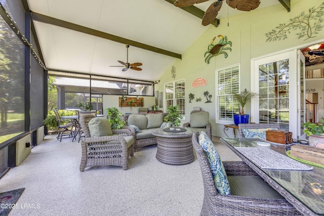 300 Persimmon Cir, Hardeeville, SC 29927 - sunroom / solarium featuring ceiling fan, high vaulted ceiling, outdoor lounge area, and beamed ceiling