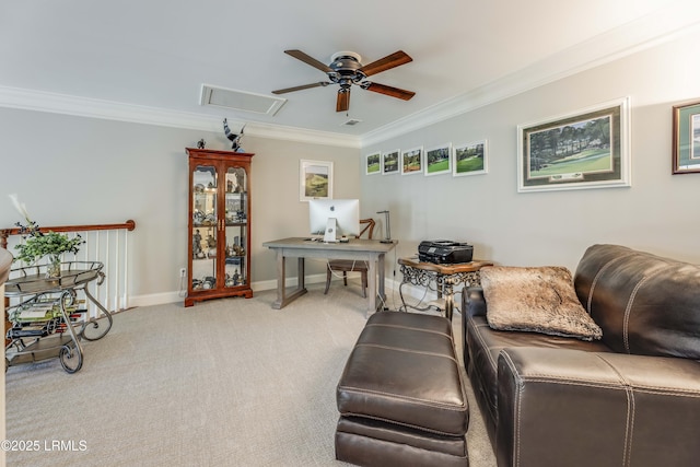300 Persimmon Cir, Hardeeville, SC 29927 - living area with an office area, ornamental molding, ceiling fan, and carpet flooring