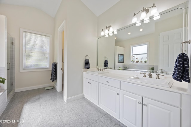51 White Oaks Cir, Bluffton, SC 29910 - full bath featuring double vanity, a stall shower, baseboards, lofted ceiling, and granite tiled floors
