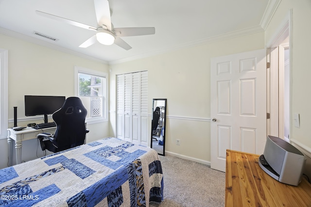 51 White Oaks Cir, Bluffton, SC 29910 - bedroom with ornamental molding, carpet, a ceiling fan, baseboards, and an office area