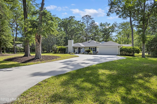 51 White Oaks Cir, Bluffton, SC 29910 - view of front facade featuring concrete driveway, a garage, a chimney, and a front yard