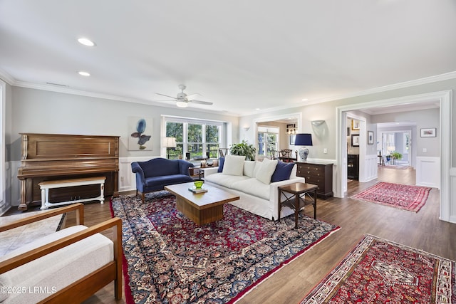 51 White Oaks Cir, Bluffton, SC 29910 - living room featuring a ceiling fan, ornamental molding, wood finished floors, wainscoting, and recessed lighting