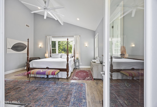 51 White Oaks Cir, Bluffton, SC 29910 - bedroom featuring wood finished floors, baseboards, high vaulted ceiling, beam ceiling, and recessed lighting