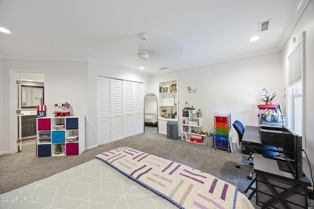 51 White Oaks Cir, Bluffton, SC 29910 - bedroom with carpet, ornamental molding, recessed lighting, a closet, and ceiling fan