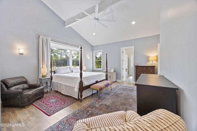 51 White Oaks Cir, Bluffton, SC 29910 - bedroom featuring high vaulted ceiling, light wood finished floors, a ceiling fan, recessed lighting, and beam ceiling