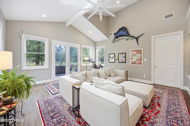 51 White Oaks Cir, Bluffton, SC 29910 - living area featuring beamed ceiling, french doors, baseboards, a ceiling fan, and wood finished floors