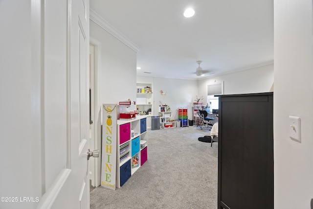 51 White Oaks Cir, Bluffton, SC 29910 - recreation room featuring carpet floors, ceiling fan, crown molding, an office area, and recessed lighting