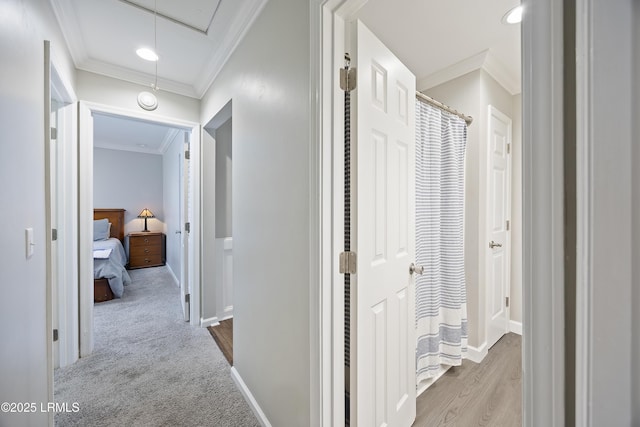 51 White Oaks Cir, Bluffton, SC 29910 - corridor with attic access, ornamental molding, carpet flooring, baseboards, and wood finished floors