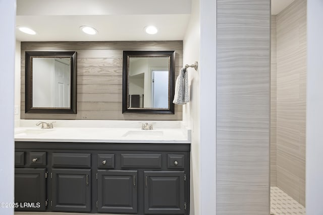 51 White Oaks Cir, Bluffton, SC 29910 - bathroom with double vanity, tiled shower, and recessed lighting