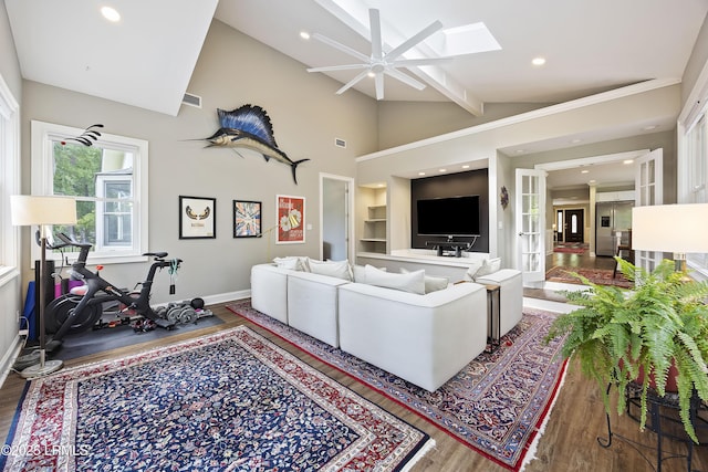 51 White Oaks Cir, Bluffton, SC 29910 - living area with wood finished floors, a skylight, ceiling fan, baseboards, and recessed lighting