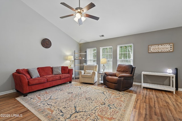 29 Wiregrass Way, Bluffton, SC 29910 - living area with ceiling fan, wood finished floors, baseboards, and high vaulted ceiling