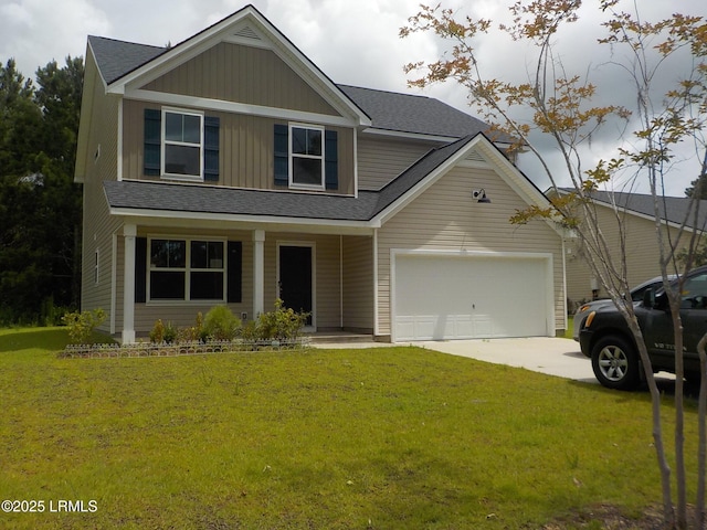 127 Teal Bluff Blvd, Seabrook, SC 29940 - view of front of house with board and batten siding, a front lawn, driveway, covered porch, and an attached garage