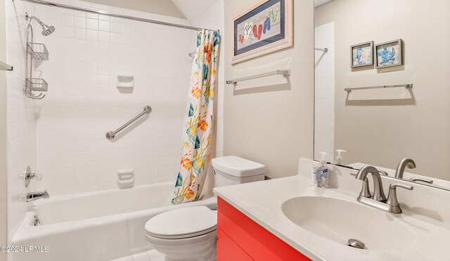 full bathroom featuring shower / bathtub combination with curtain, vanity, and toilet