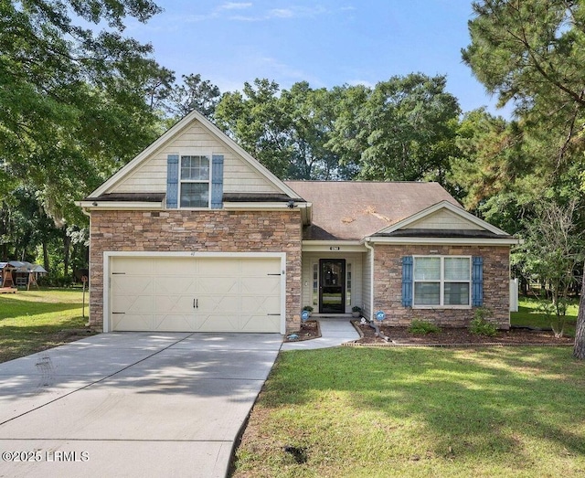 47 Mary Elizabeth Dr, Beaufort, SC 29907 - view of front of property with stone siding, driveway, a front lawn, and a garage