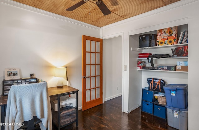 office space featuring ornamental molding, ceiling fan, wood ceiling, and dark hardwood / wood-style flooring