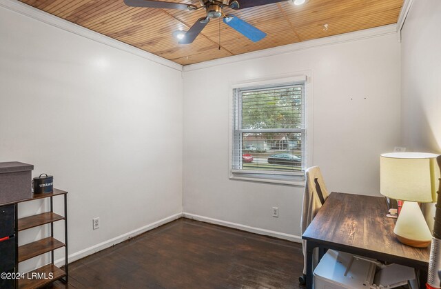 office area featuring crown molding, ceiling fan, and wooden ceiling